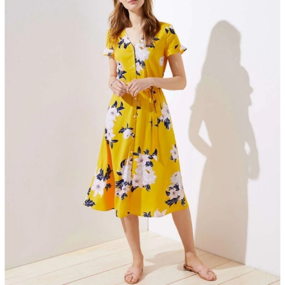 LOFT Yellow Floral Midi Dress